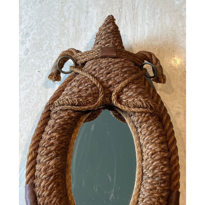 Oval Rope and Leather Mirror by Audoux-Minet — French Work, Circa 1970