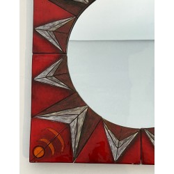 Ceramic Sun Mirror on Red Ground, Attributed to Oswald Tiberghien — Belgian Work, Circa 1960