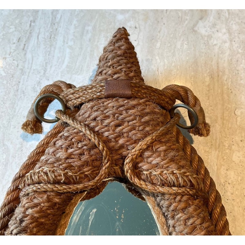 Oval Rope and Leather Mirror by Audoux-Minet — French Work, Circa 1970