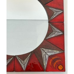 Ceramic Sun Mirror on Red Ground, Attributed to Oswald Tiberghien — Belgian Work, Circa 1960