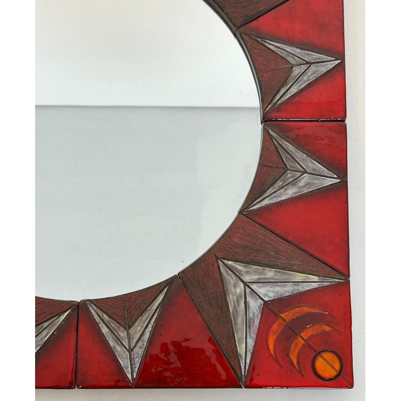 Ceramic Sun Mirror on Red Ground, Attributed to Oswald Tiberghien — Belgian Work, Circa 1960