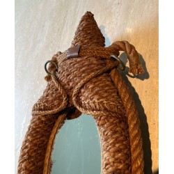 Miroir Ovale en Corde et Cuir d'Audoux-Minet — Travail Français, Vers 1970