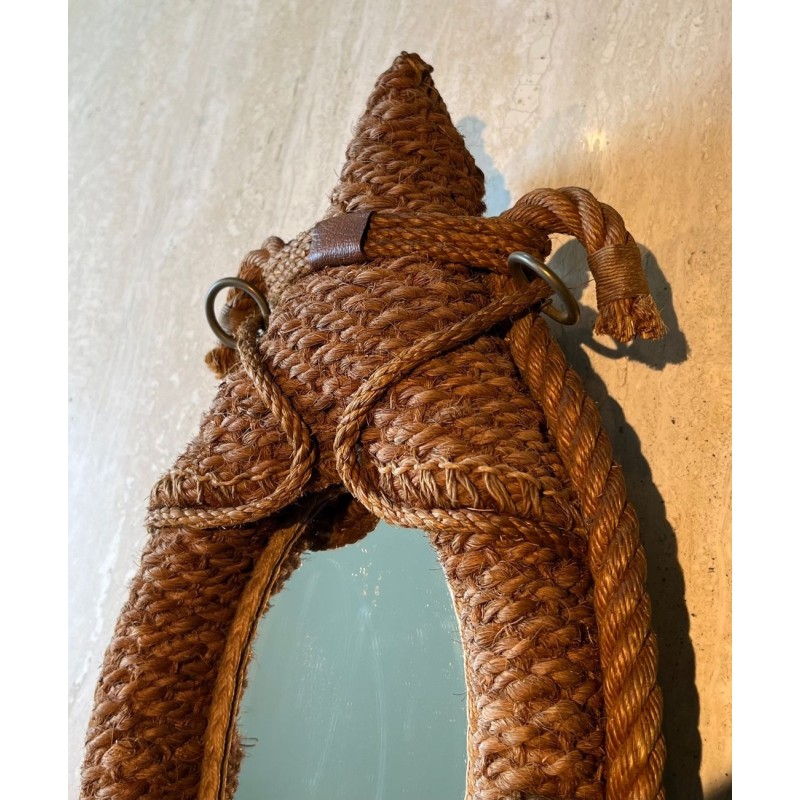 Miroir Ovale en Corde et Cuir d'Audoux-Minet — Travail Français, Vers 1970