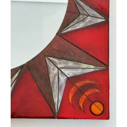 Ceramic Sun Mirror on Red Ground, Attributed to Oswald Tiberghien — Belgian Work, Circa 1960