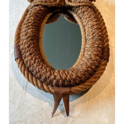 Oval Rope and Leather Mirror by Audoux-Minet — French Work, Circa 1970