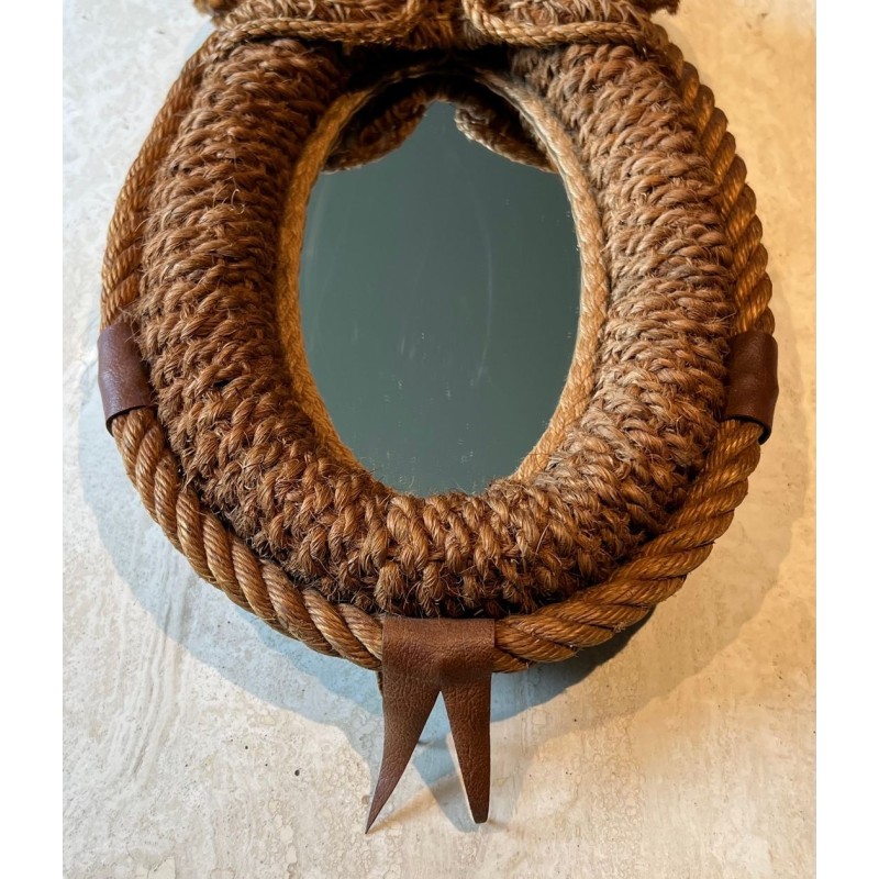 Oval Rope and Leather Mirror by Audoux-Minet — French Work, Circa 1970