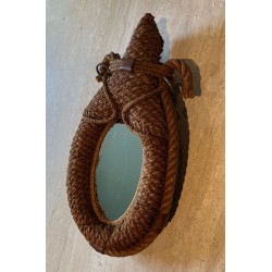 Oval Rope and Leather Mirror by Audoux-Minet — French Work, Circa 1970