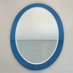 Oval Mirror with Blue-Tinted Glass Surround by Fontana Arte — Italian Work, Circa 1970