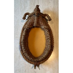 Miroir Ovale en Corde et Cuir d'Audoux-Minet — Travail Français, Vers 1970