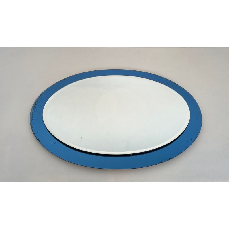 Miroir Ovale au Contour en Verre Bleu de Fontana Arte — Travail Italien, Vers 1970
