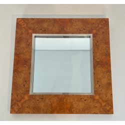 Square Elm Burl Veneer and Chrome Mirror by Willy Rizzo — Italian Work, Circa 1970