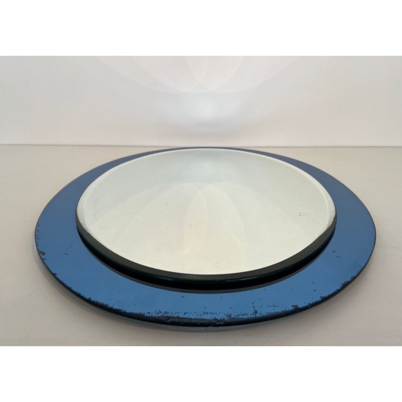 Oval Mirror with Blue-Tinted Glass Surround by Fontana Arte — Italian Work, Circa 1970