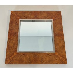 Square Elm Burl Veneer and Chrome Mirror by Willy Rizzo — Italian Work, Circa 1970