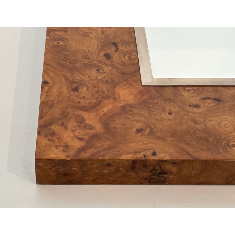 Square Elm Burl Veneer and Chrome Mirror by Willy Rizzo — Italian Work, Circa 1970