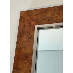 Square Elm Burl Veneer and Chrome Mirror by Willy Rizzo — Italian Work, Circa 1970