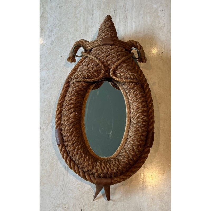Oval Rope and Leather Mirror by Audoux-Minet — French Work, Circa 1970