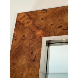Square Elm Burl Veneer and Chrome Mirror by Willy Rizzo — Italian Work, Circa 1970