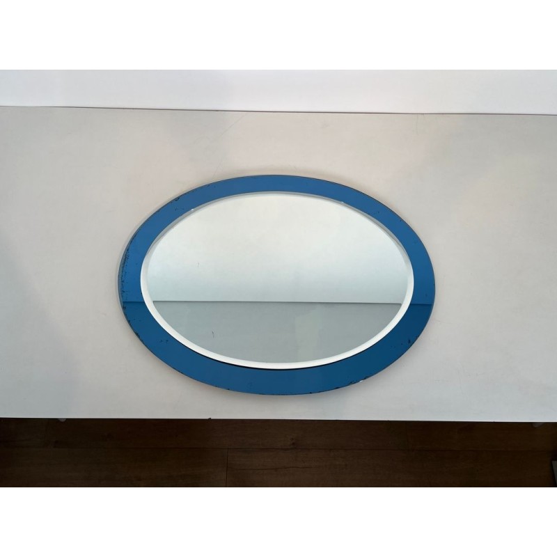 Oval Mirror with Blue-Tinted Glass Surround by Fontana Arte — Italian Work, Circa 1970