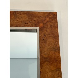 Square Elm Burl Veneer and Chrome Mirror by Willy Rizzo — Italian Work, Circa 1970