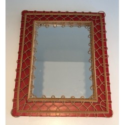 Rattan Trellis Mirror on Crimson Background — French Work, Circa 1940