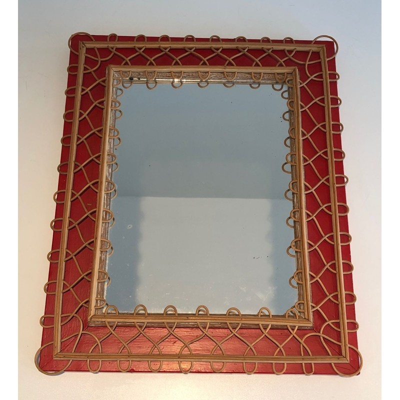 Miroir en Treillis de Rotin sur Fond Cramoisi — Travail Français, Vers 1940