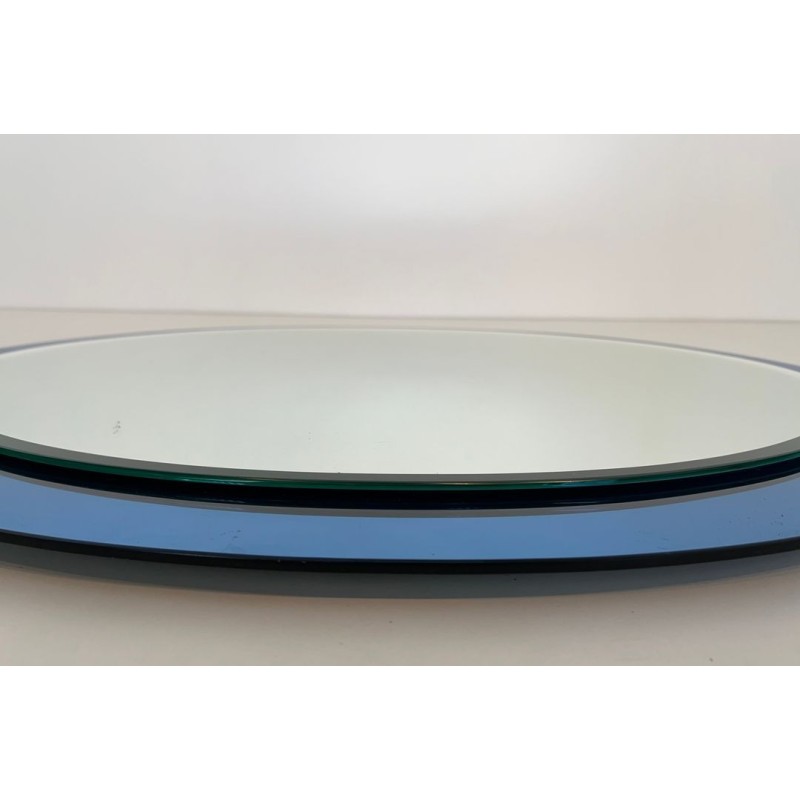 Oval Mirror with Blue-Tinted Glass Surround by Fontana Arte — Italian Work, Circa 1970