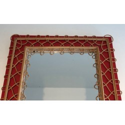 Rattan Trellis Mirror on Crimson Background — French Work, Circa 1940