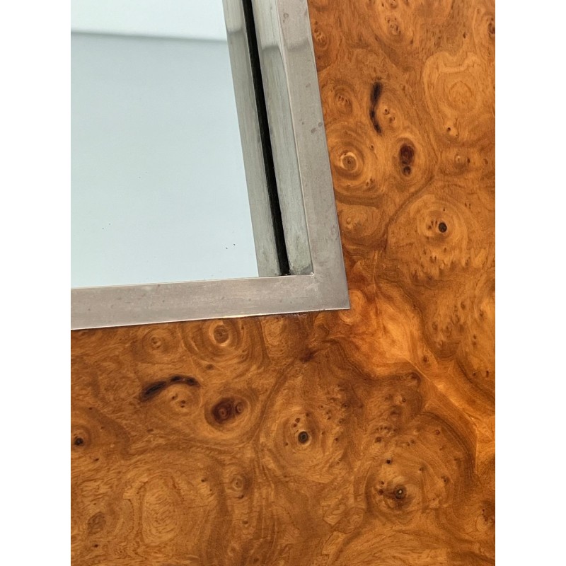 Square Elm Burl Veneer and Chrome Mirror by Willy Rizzo — Italian Work, Circa 1970