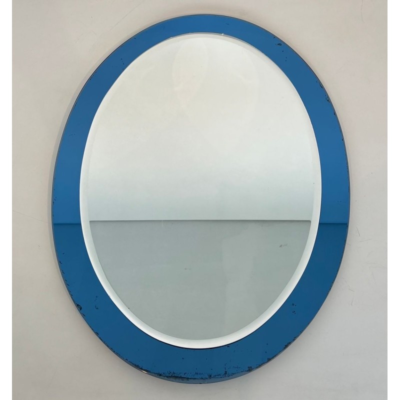 Miroir Ovale au Contour en Verre Bleu de Fontana Arte — Travail Italien, Vers 1970