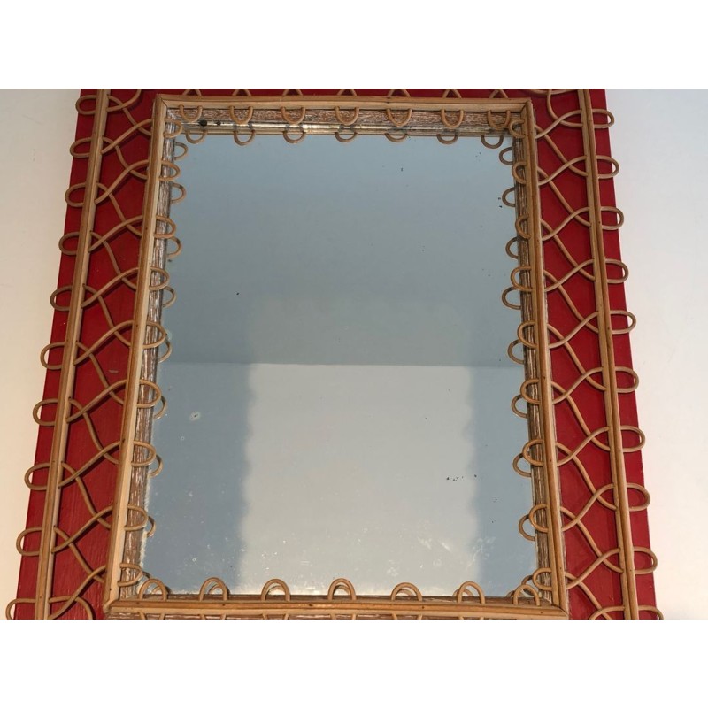 Rattan Trellis Mirror on Crimson Background — French Work, Circa 1940