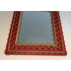 Rattan Trellis Mirror on Crimson Background — French Work, Circa 1940