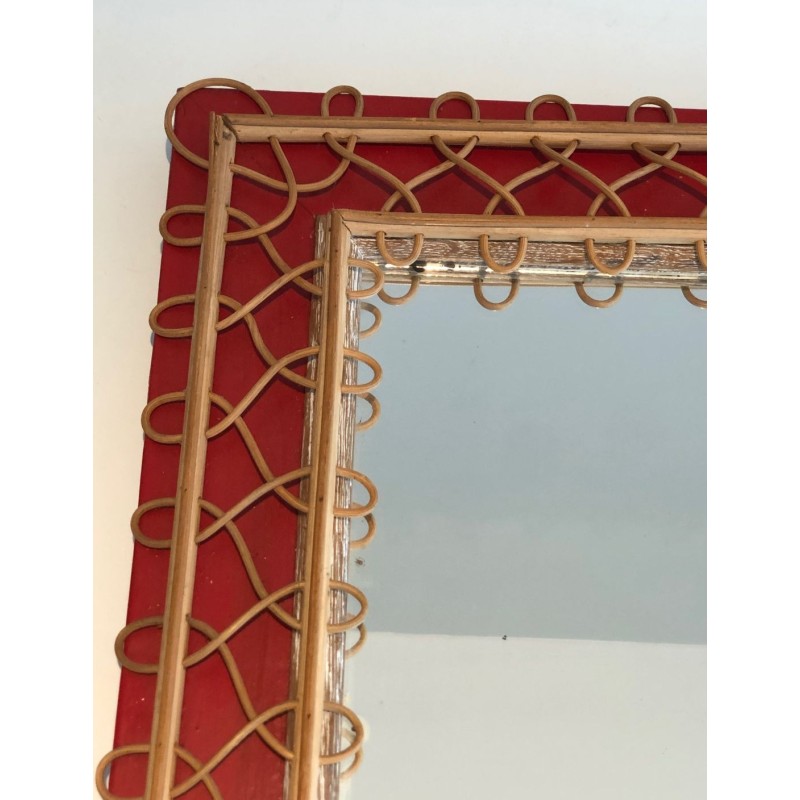 Rattan Trellis Mirror on Crimson Background — French Work, Circa 1940
