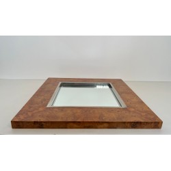 Miroir Carré en Loupe d'Orme et Chrome de Willy Rizzo — Travail Italien, Vers 1970