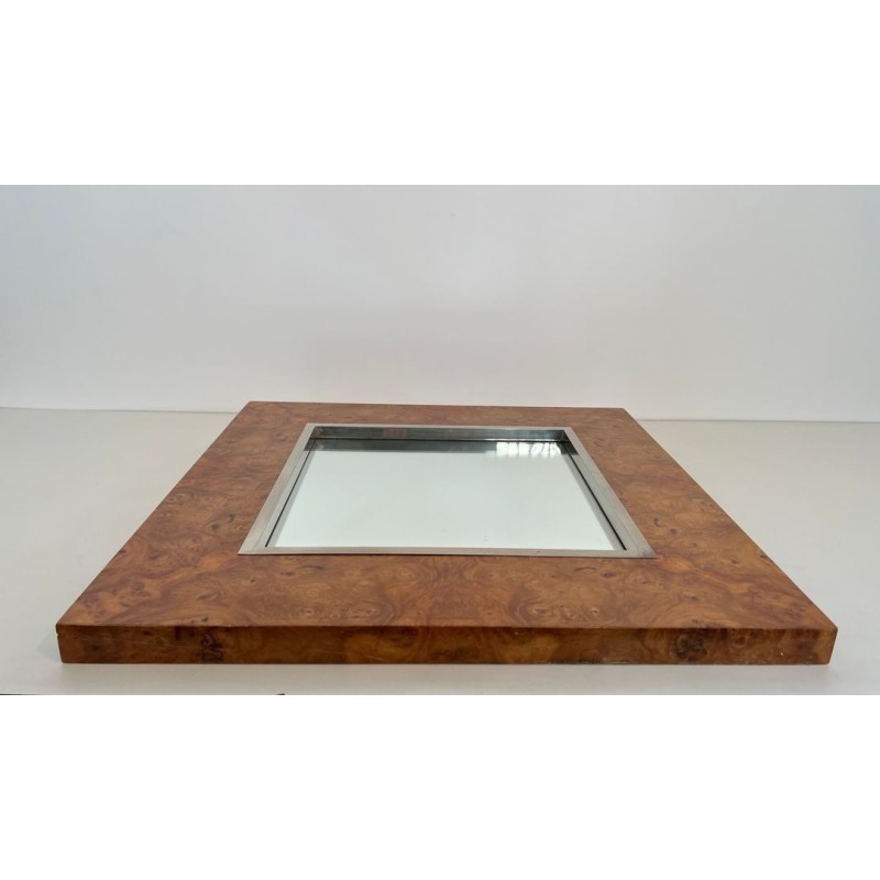 Miroir Carré en Loupe d'Orme et Chrome de Willy Rizzo — Travail Italien, Vers 1970