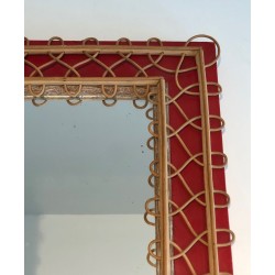 Rattan Trellis Mirror on Crimson Background — French Work, Circa 1940