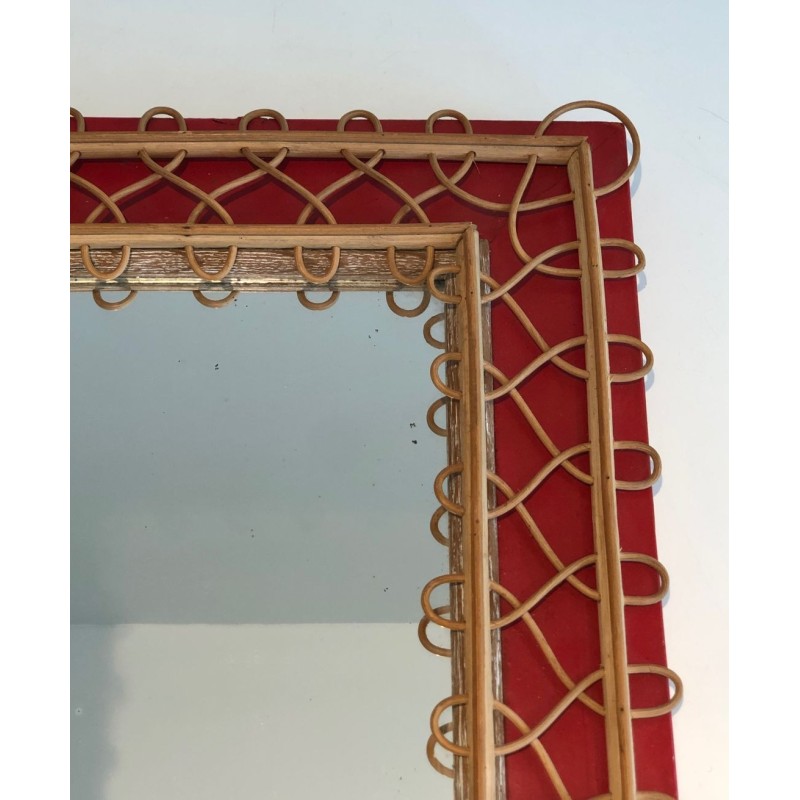 Rattan Trellis Mirror on Crimson Background — French Work, Circa 1940