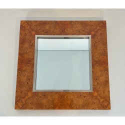 Square Elm Burl Veneer and Chrome Mirror by Willy Rizzo — Italian Work, Circa 1970