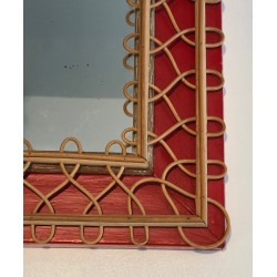 Rattan Trellis Mirror on Crimson Background — French Work, Circa 1940
