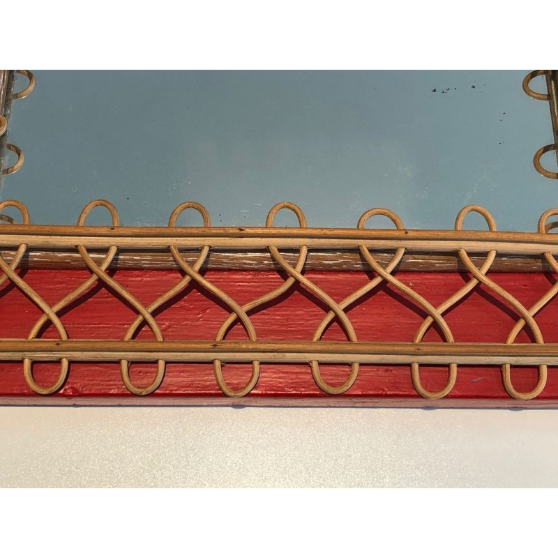 Rattan Trellis Mirror on Crimson Background — French Work, Circa 1940