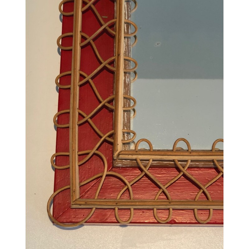 Rattan Trellis Mirror on Crimson Background — French Work, Circa 1940