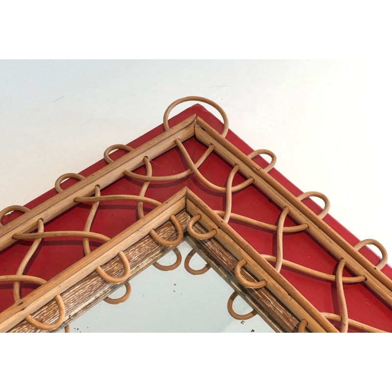 Rattan Trellis Mirror on Crimson Background — French Work, Circa 1940