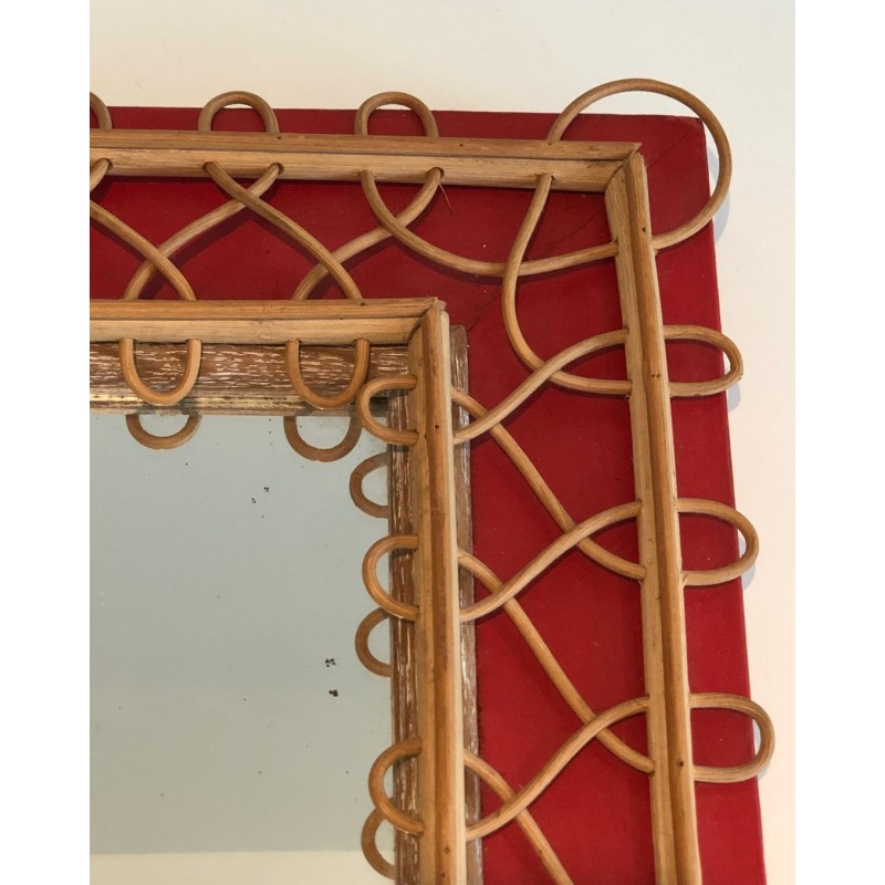 Rattan Trellis Mirror on Crimson Background — French Work, Circa 1940