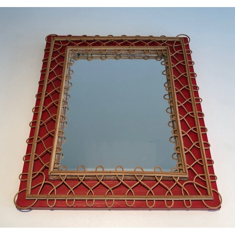 Miroir en Treillis de Rotin sur Fond Cramoisi — Travail Français, Vers 1940