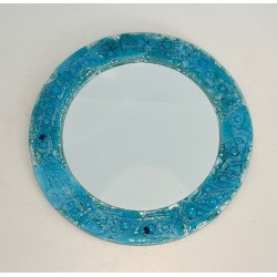 Miroir Rond à Cadre en Verre Concassé Turquoise — Travail Français, Vers 1970