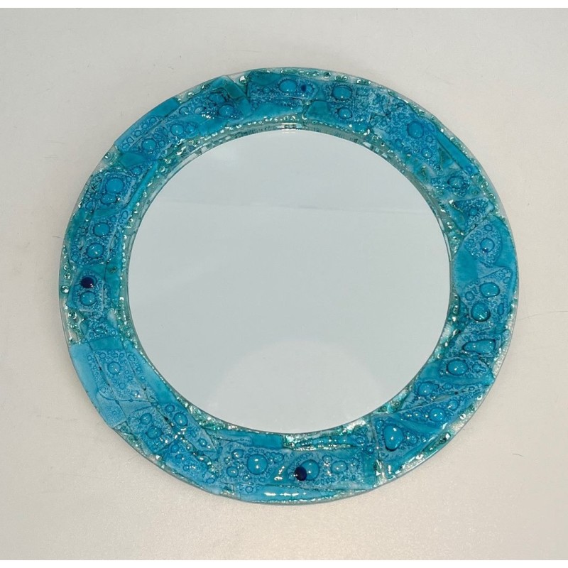 Round Mirror with Crushed Turquoise Glass Frame — French Work, Circa 1970