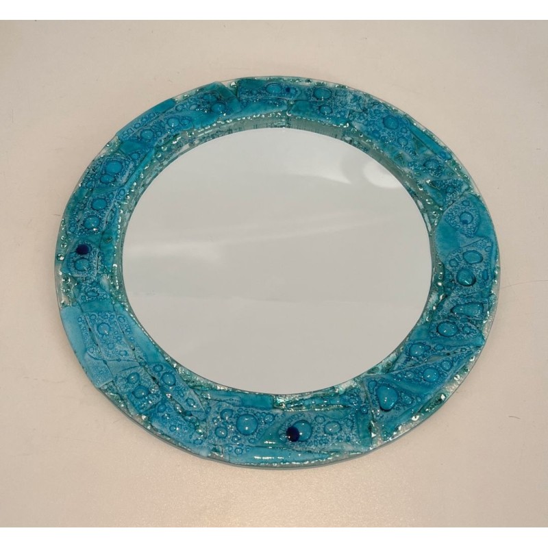 Round Mirror with Crushed Turquoise Glass Frame — French Work, Circa 1970