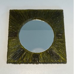 Square Green Resin Mirror with Circular Plate — French Work, Circa 1970