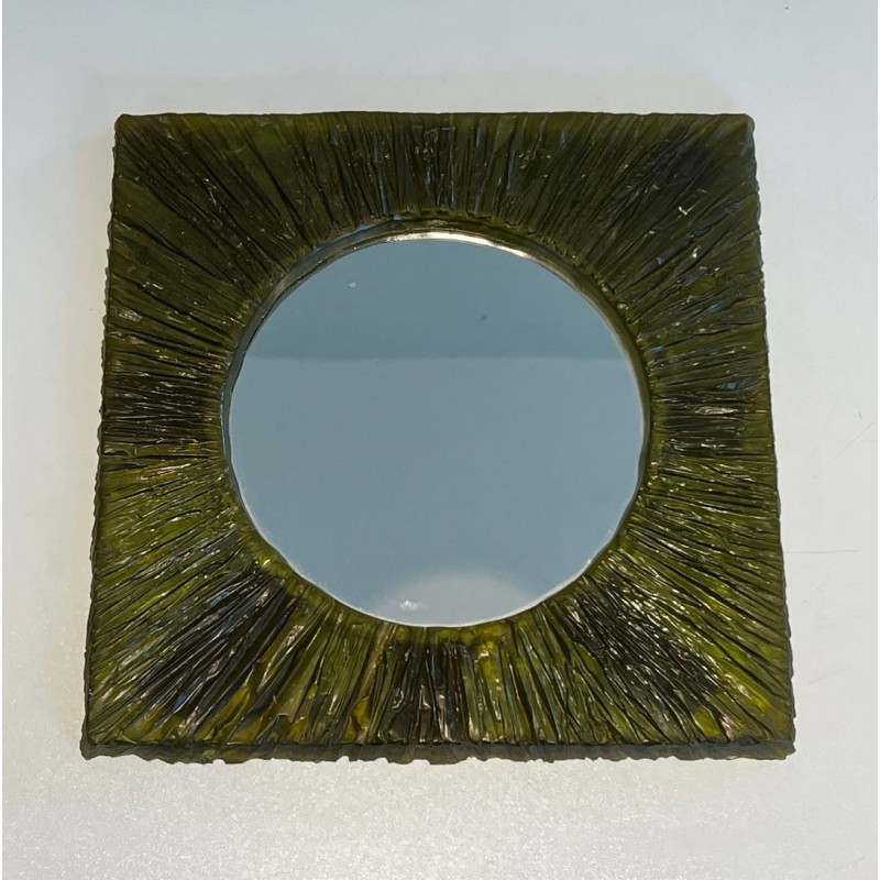 Square Green Resin Mirror with Circular Plate — French Work, Circa 1970