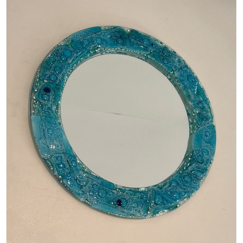 Miroir Rond à Cadre en Verre Concassé Turquoise — Travail Français, Vers 1970