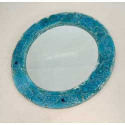 Round Mirror with Crushed Turquoise Glass Frame — French Work, Circa 1970